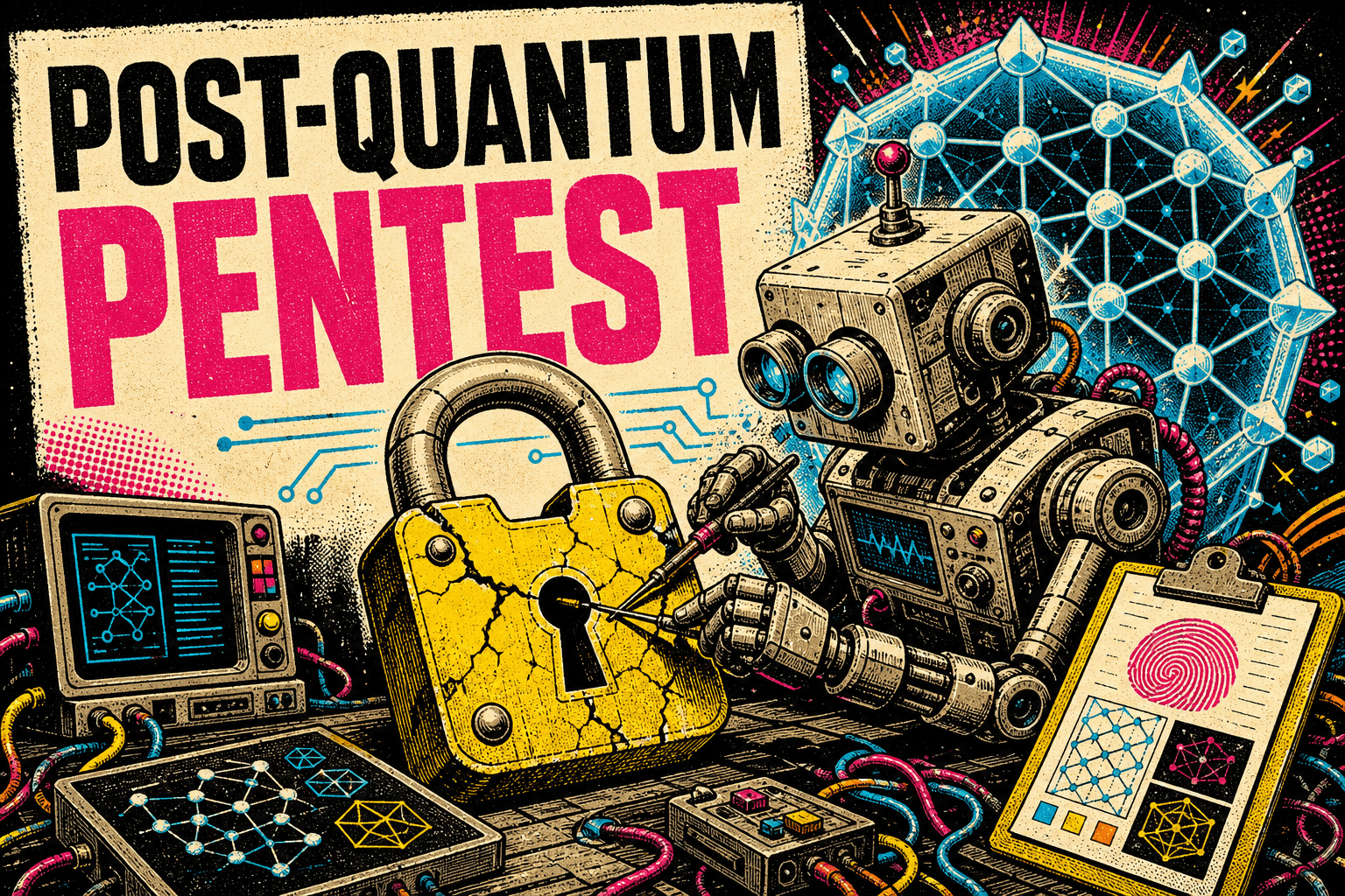 A retro technical-comic robot testing a classical padlock beside a post-quantum lattice shield